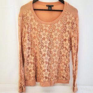 Adrianna Papell Long Sleeve Top w/ Lace Floral Size XL Warm Blush Color